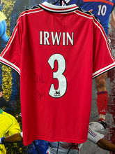 Load image into Gallery viewer, Denis Irwin signed framed 1999 Manchester United treble winning football sleeves on show