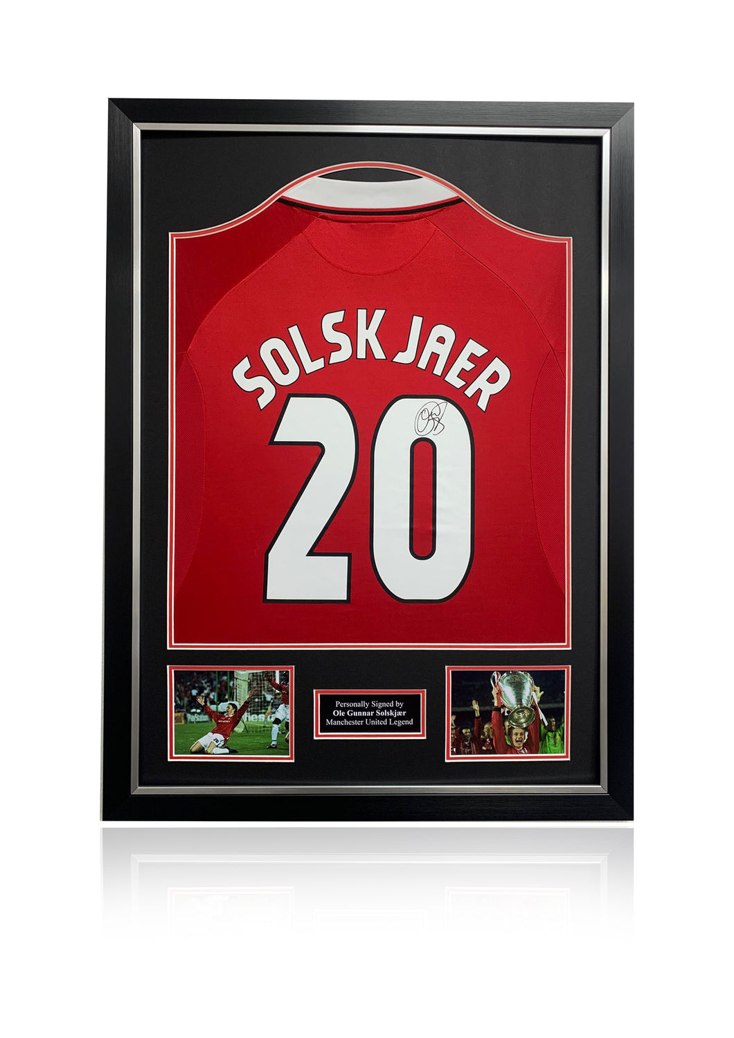 Ole Gunnar Solskjaer signed framed 1999 Manchester United treble winning shirt