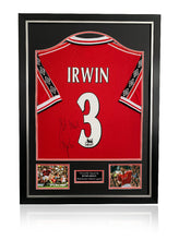 Load image into Gallery viewer, Denis Irwin signed framed 1999 Manchester United treble winning football sleeves on show
