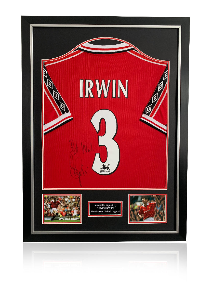 Denis Irwin signed framed 1999 Manchester United treble winning football sleeves on show