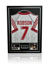 Load image into Gallery viewer, Bryan Robson signed framed 91 CWC Manchester United Shirt football sleeves on show
