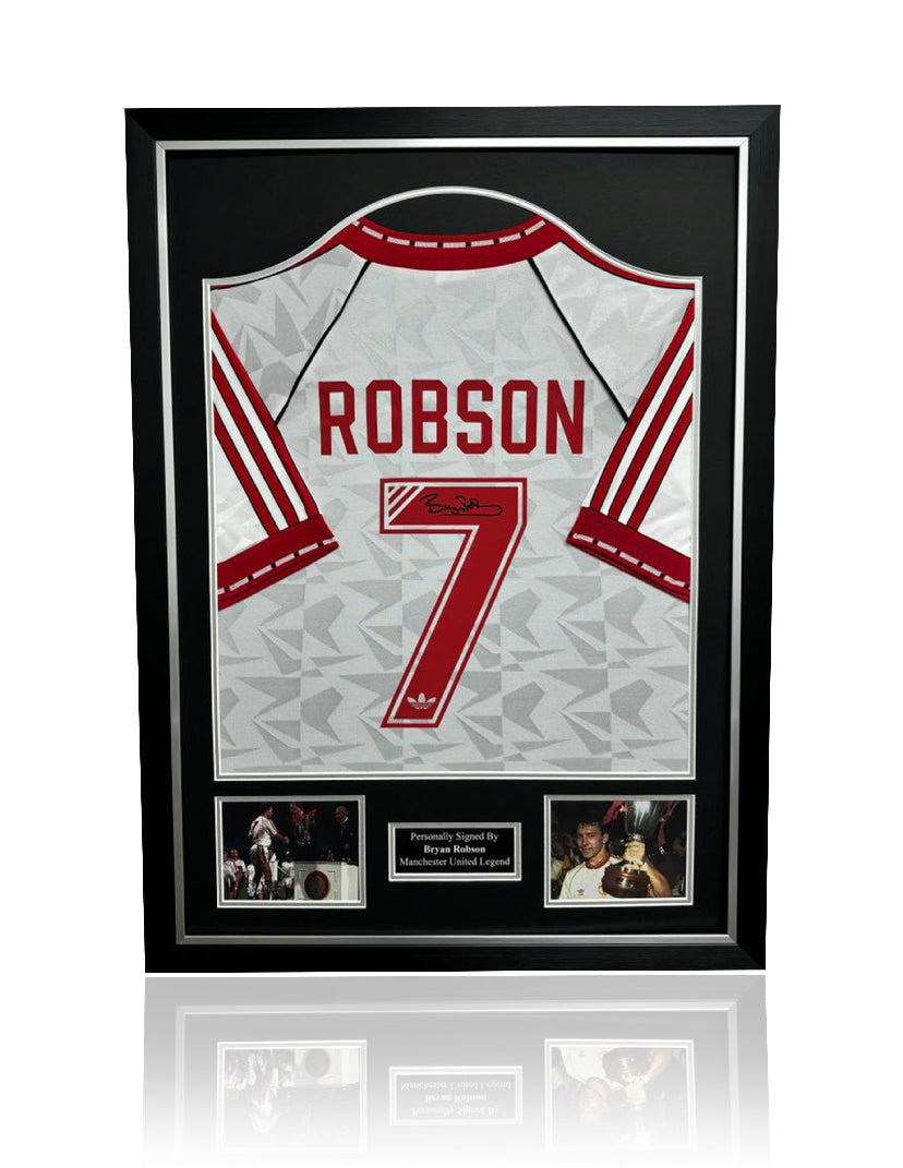 Bryan Robson signed framed 91 CWC Manchester United Shirt football sleeves on show