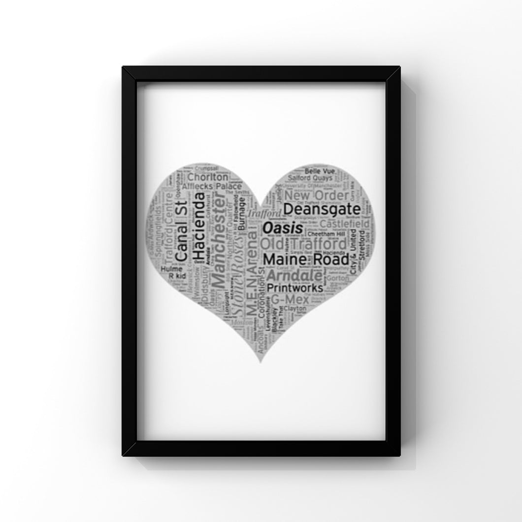 Manchester grey heart word art typography print